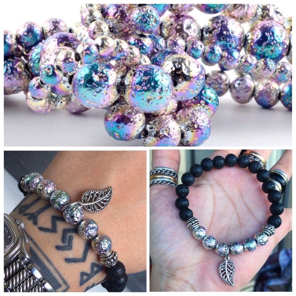 Electroplated lava rock silver leaf bead bracelet